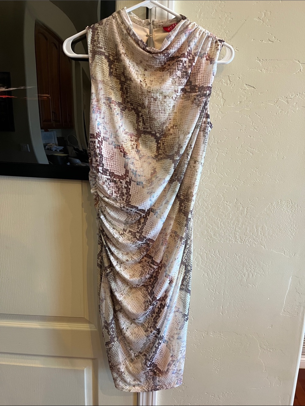 Womens Medium Guess Snake print dress stretchy bodycon high neck rushed